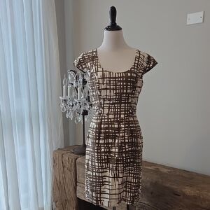 Trina Turk Brown and White Flutter Sleeve Sheath Dress